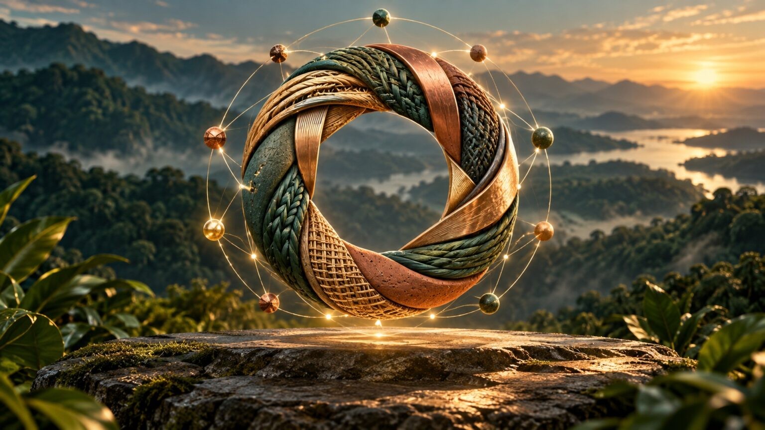 Anillo entrelazado de fibras, tejidos y cobre sobre un paisaje natural al amanecer